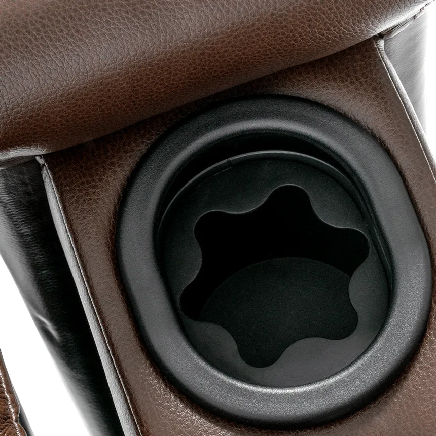 Lift chair armrest with built-in black plastic cup holder set into brown faux leather upholstery