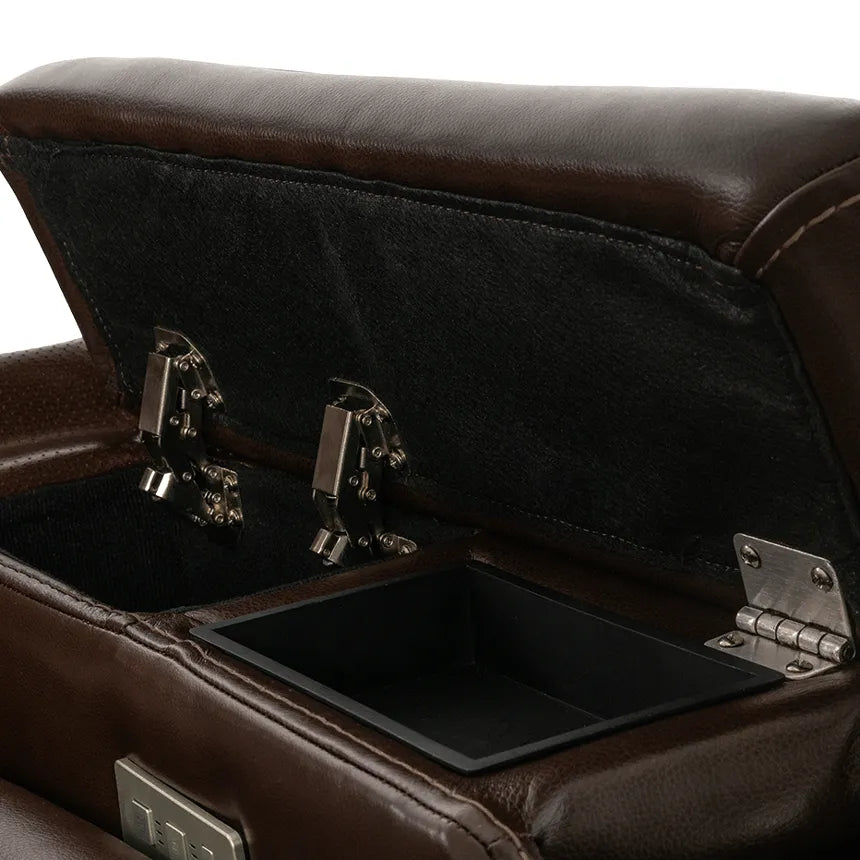 Lift chair brown leather armrest with open hidden storage compartment and metal hinges visible