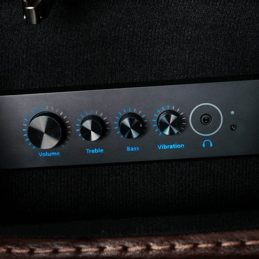 Lift chair control panel with volume, treble, bass, and vibration knobs plus a headphone jack, set into dark upholstery