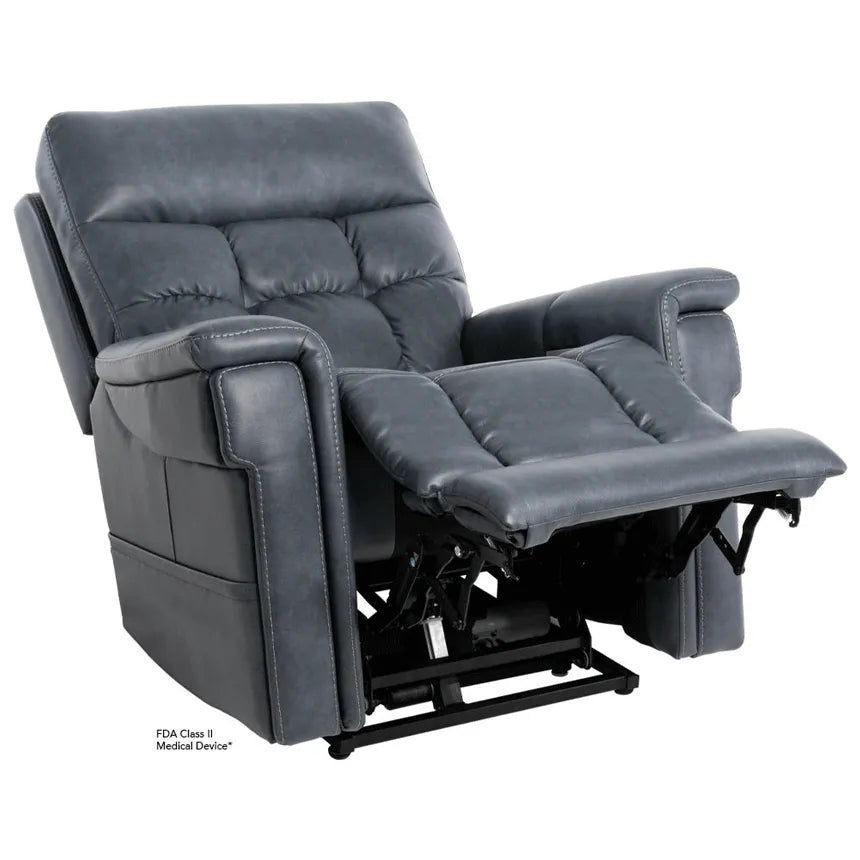 Lift recliner chair in gray upholstery shown in partial recline with footrest extended and lift mechanism visible