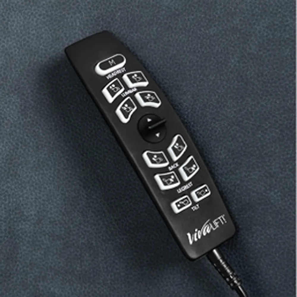 VivaLift lift chair hand remote control with multiple labeled position buttons and attached cord, shown on gray upholstery