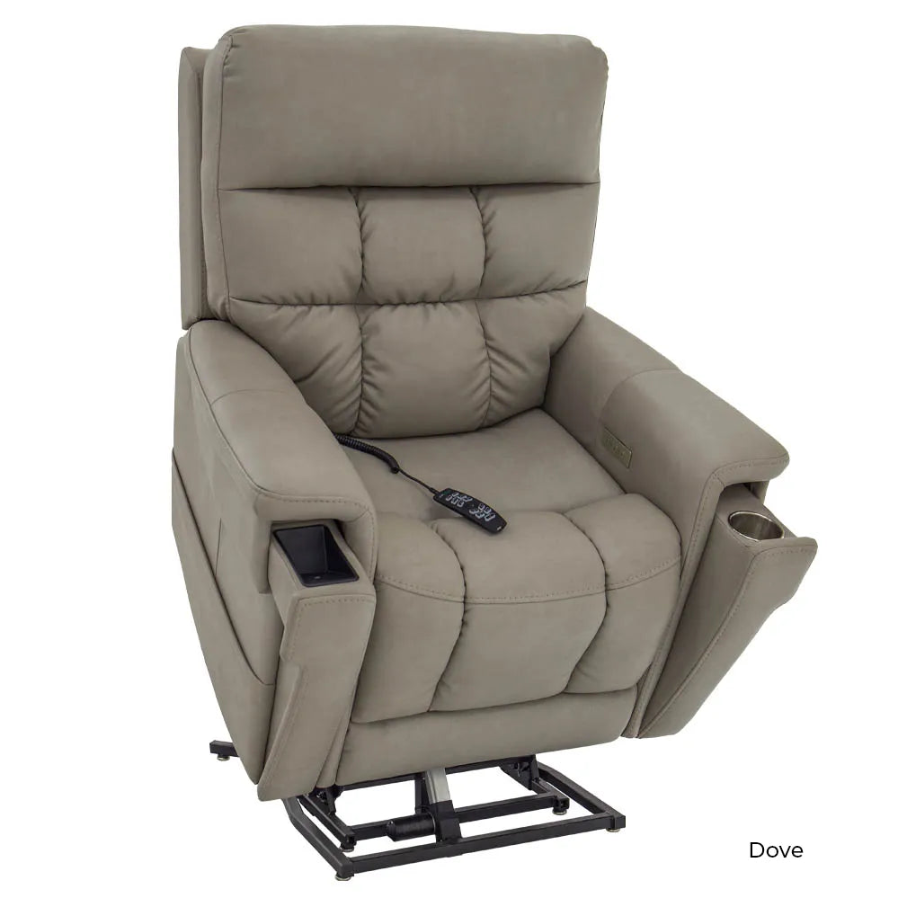 Power lift recliner in dove gray upholstery with tufted back, wired remote, cup holders, and metal lift base