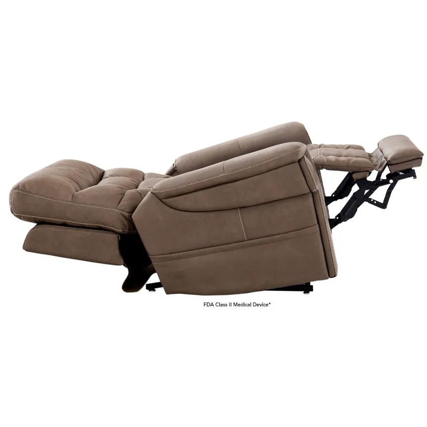 Power lift recliner in taupe upholstery shown fully reclined in flat position, side view with footrest extended and lift
