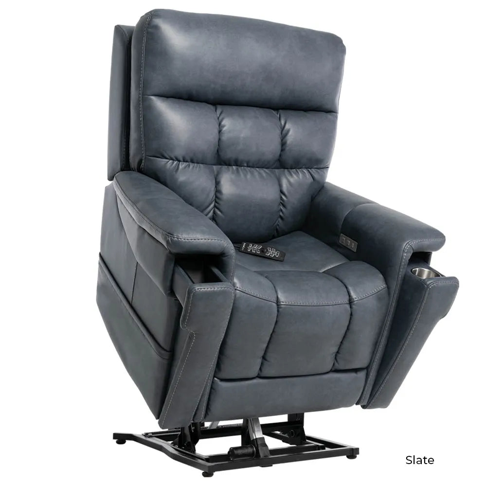 Power lift recliner in slate blue faux leather with tufted back, armrest controls, cup holder, and visible lift base
