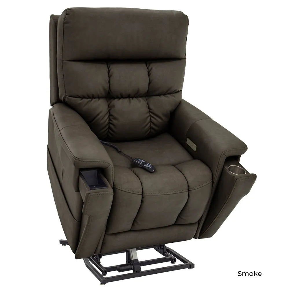 Power lift recliner in smoke brown fabric with tufted back, side storage pockets, cup holder, and wired hand control, shown