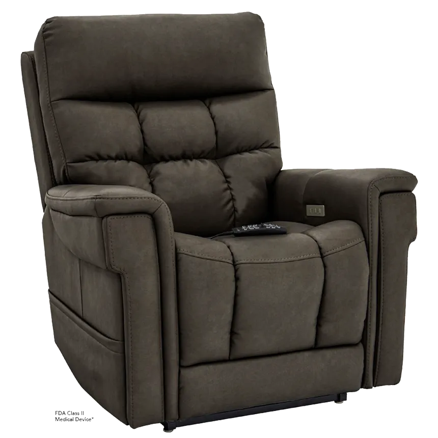 Power lift recliner in dark brown tufted upholstery, shown upright with hand control resting on the seat