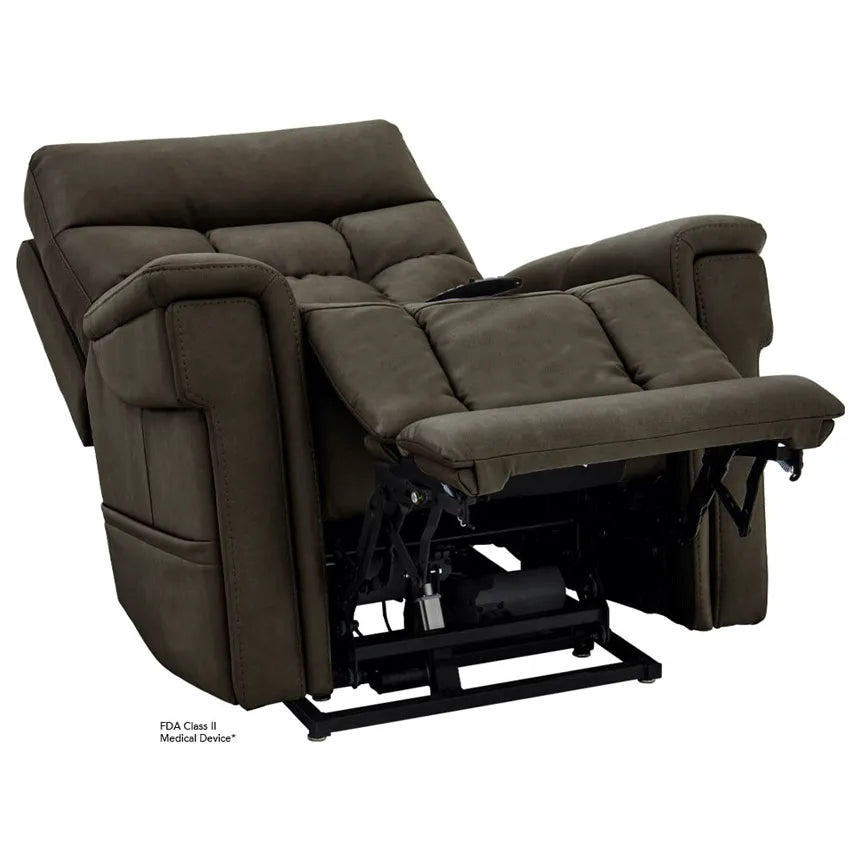 Power lift recliner in dark brown upholstery shown in fully reclined position with footrest extended and lift mechanism