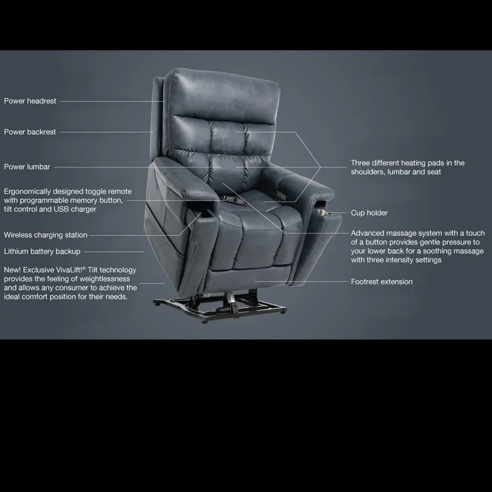 Power lift recliner in dark blue upholstery shown in upright position with labeled feature callouts on gray background