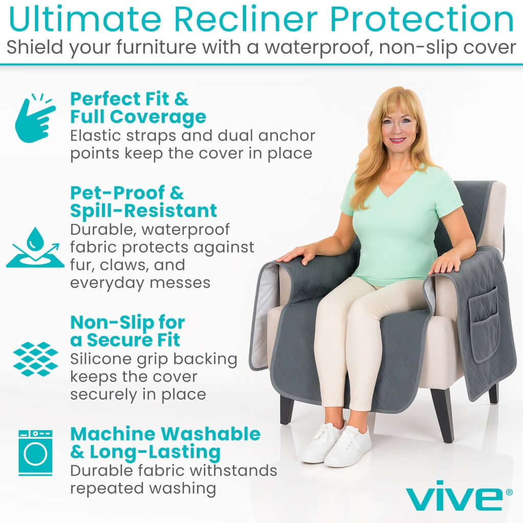 Waterproof non-slip lift chair cover in gray draped over a recliner with a woman seated, showing side pockets and full
