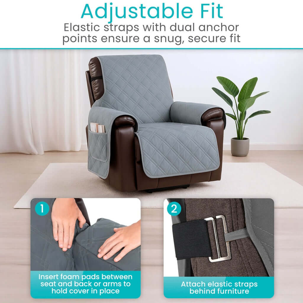 Quilted gray recliner chair cover with side pocket, shown with elastic strap and foam pad installation steps