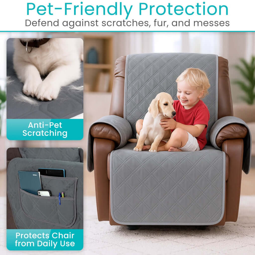 Waterproof quilted lift chair cover in gray shown on recliner with child and puppy, with side pocket detail inset