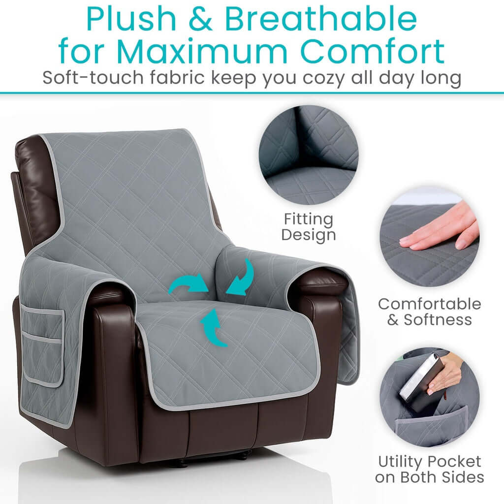 Waterproof non-slip lift chair cover in gray quilted fabric draped over a brown recliner, with side pockets and close-up