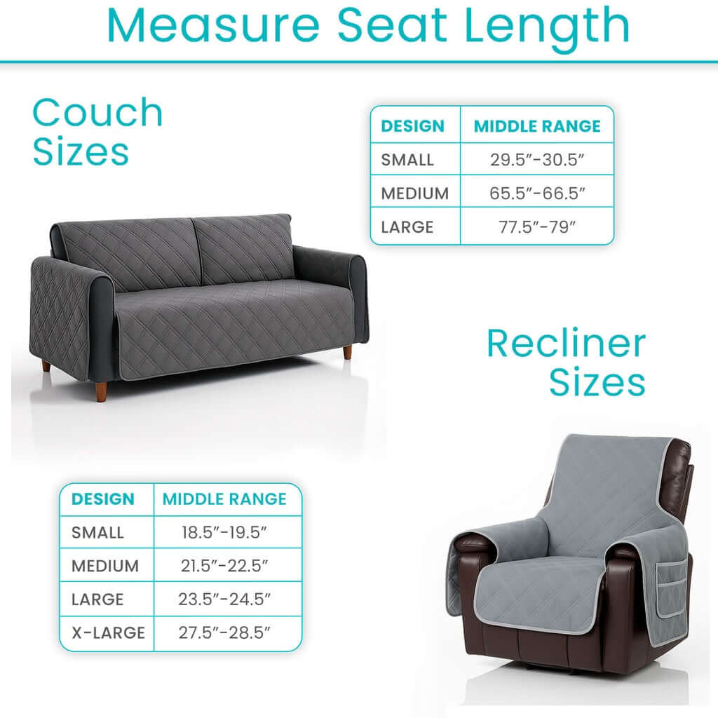 Lift chair and couch cover sizing guide showing seat length measurement charts for small through x-large recliner and couch