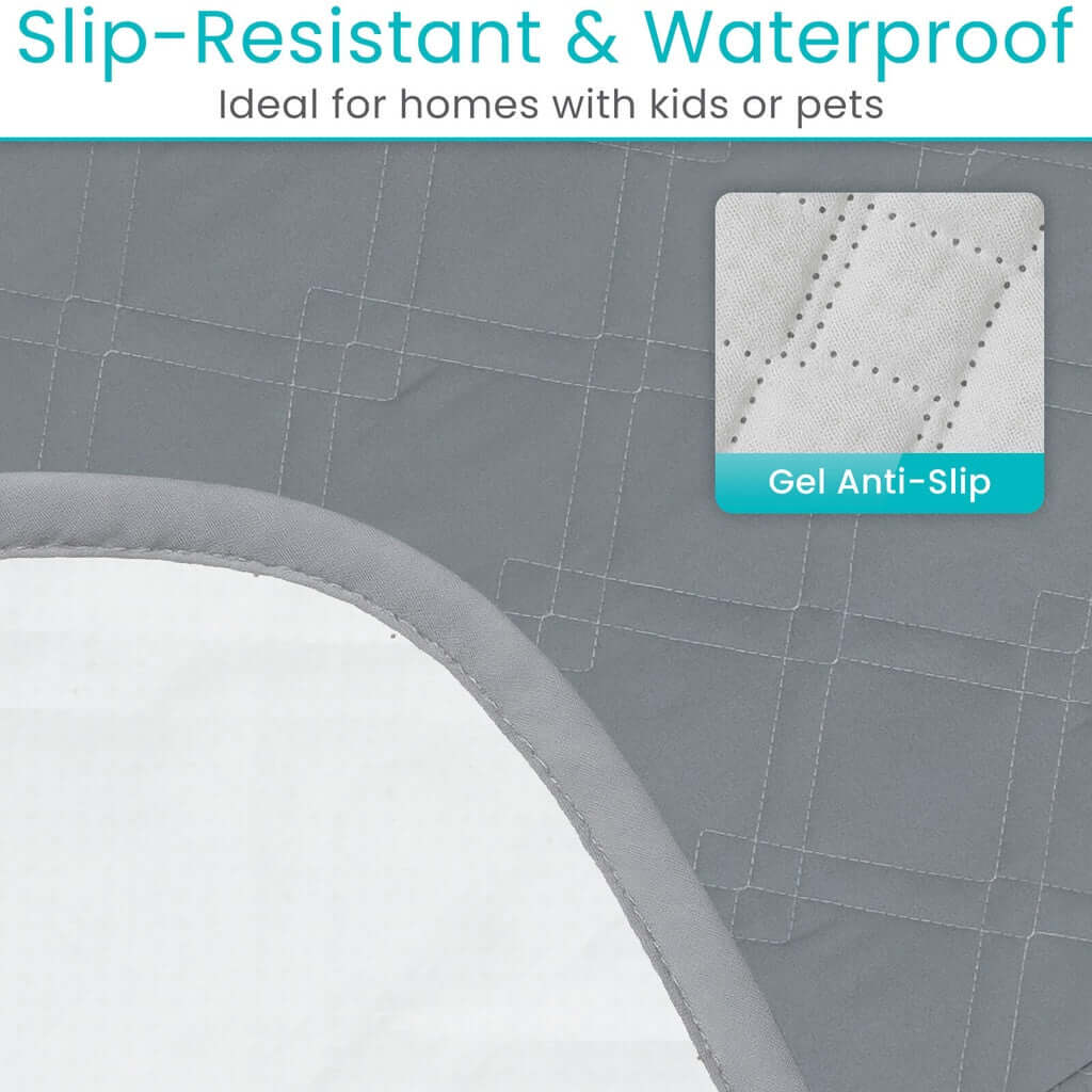 Waterproof lift chair cover in gray quilted fabric with inset showing white gel anti-slip backing