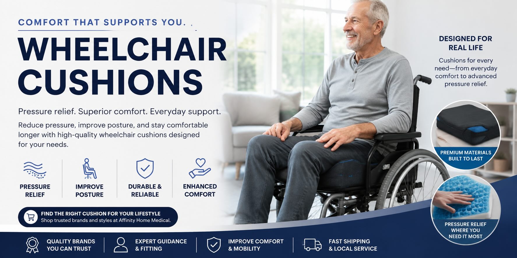 Promotional banner for wheelchair cushions featuring a smiling man in a wheelchair, product text, feature icons, and inset close-ups of the cushion design. The layout is branded Wheelchair Cushions and includes claims about pressure relief, comfort, durability, and real-life use.