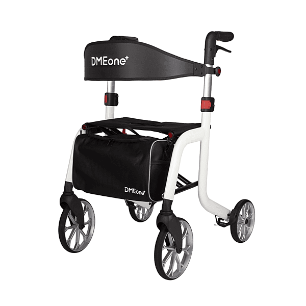 Rollator walker with white frame, black padded seat and backrest, storage bag, hand brakes, and four large wheels