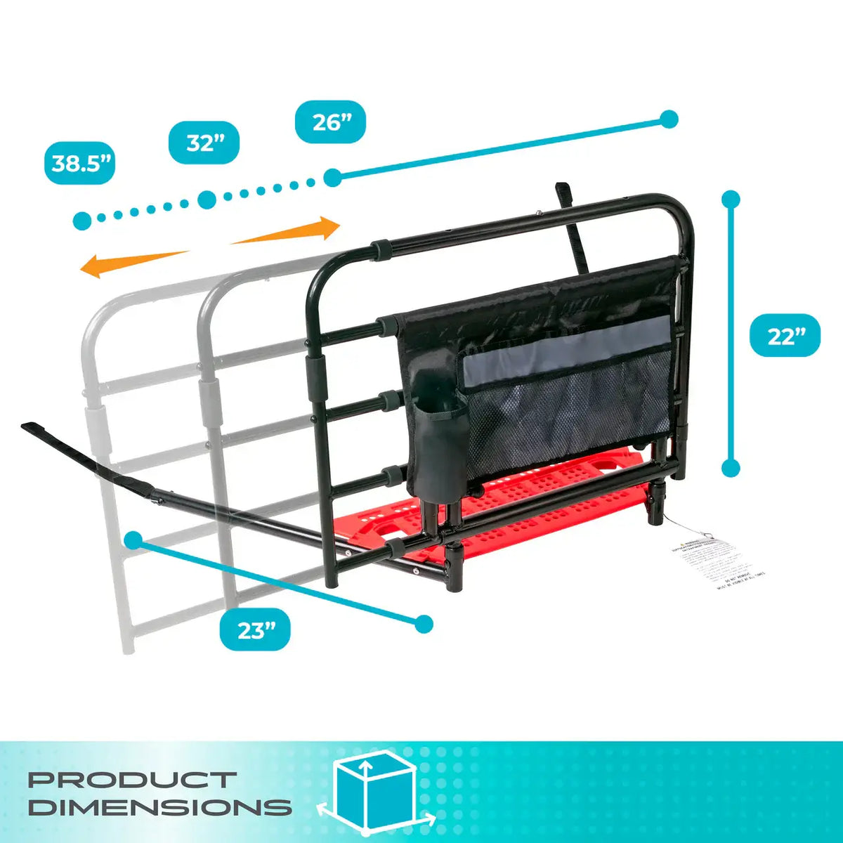 Bed rail with dimensions diagram showing black steel frame, red non-slip step, and attached mesh organizer pocket with