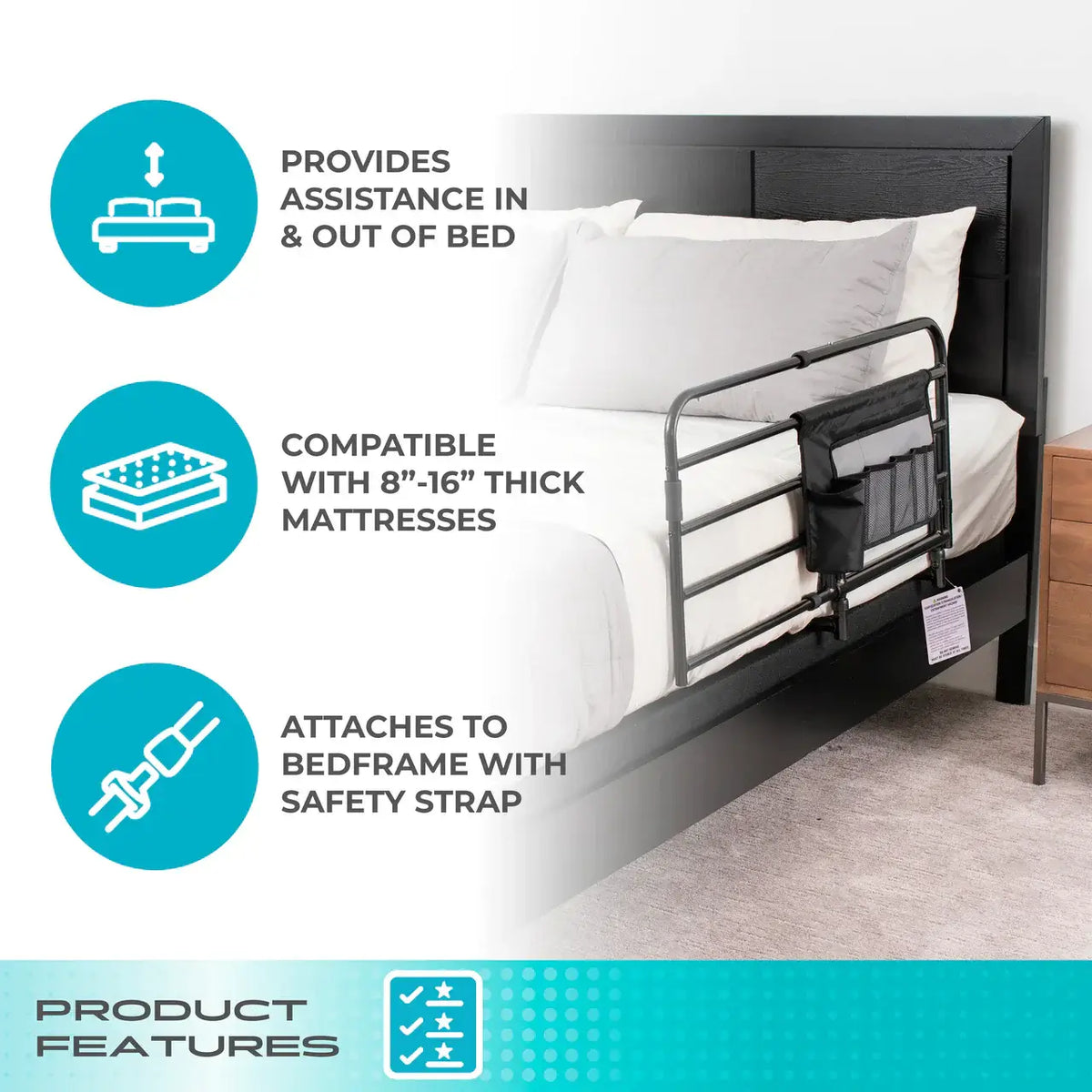Bed rail with attached mesh organizer pocket mounted on side of bed with dark wood frame, shown with product feature icons