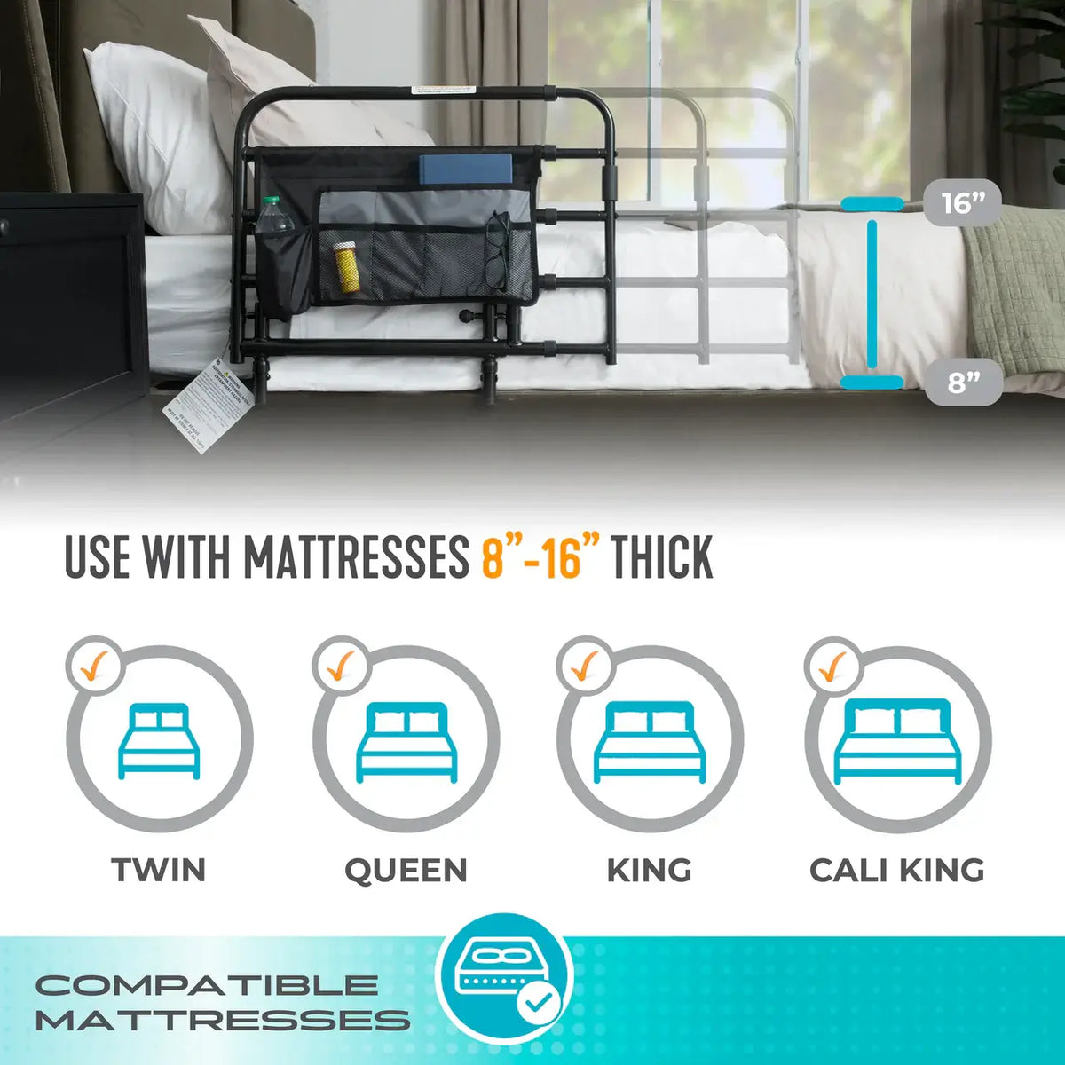 Bed rail with organizer pocket shown on bed, with infographic showing compatibility with twin, queen, king, and Cali king