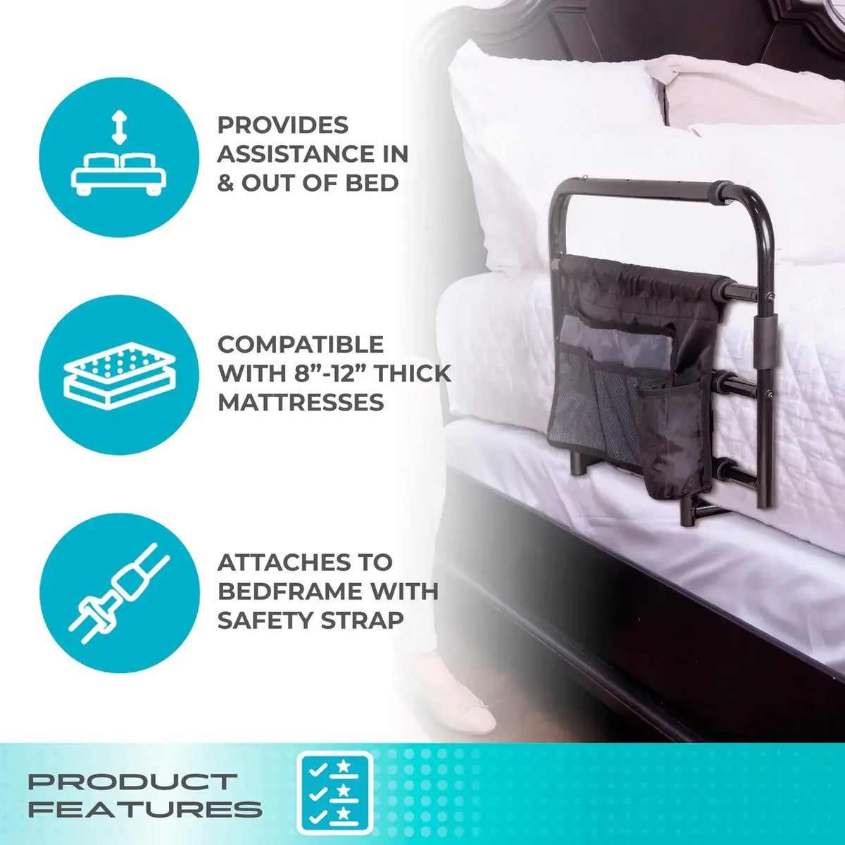 Bed rail with attached organizer pouch shown installed on a dark wood bed frame with white bedding, feature callouts listed