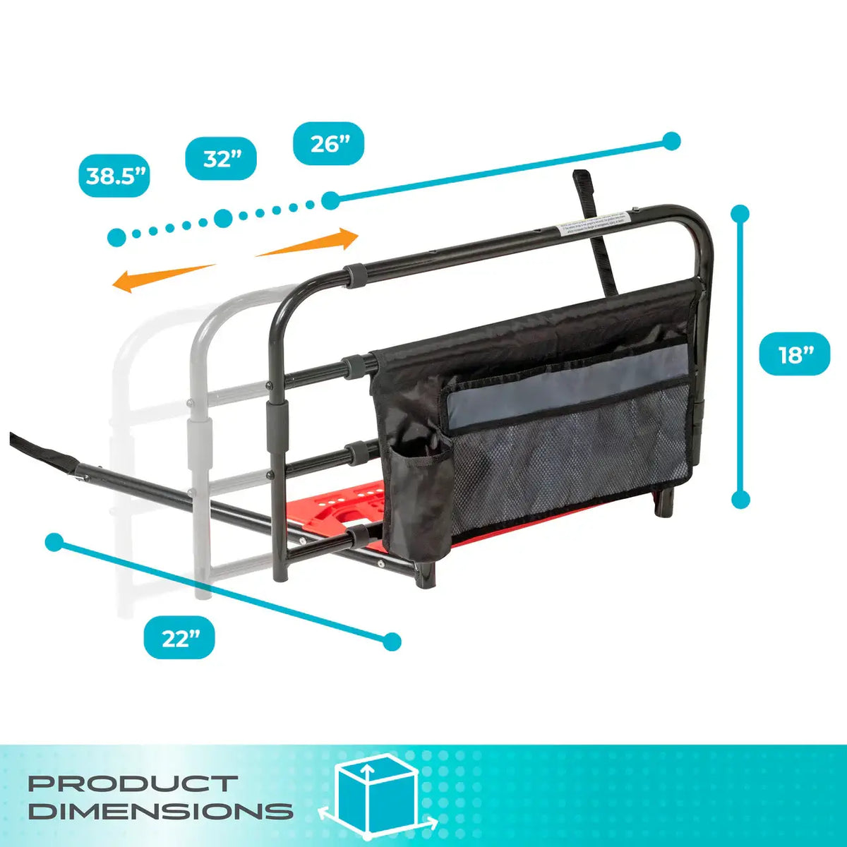 Bed rail with black metal frame, attached organizer pouch, red base plate, and dimension callouts showing adjustable width