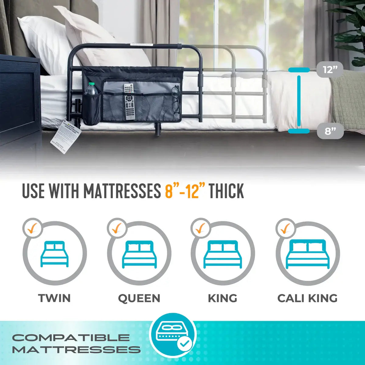 Bed rail with attached organizer pocket shown on bed, with compatibility chart for twin, queen, king, and cali king