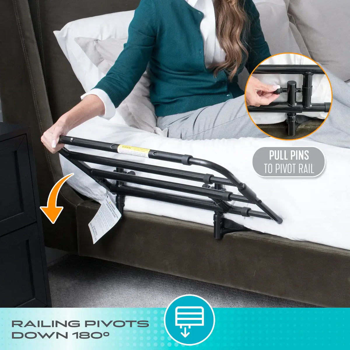 Bed rail shown pivoting down 180 degrees beside a woman seated on a bed, with close-up inset of pull-pin pivot mechanism