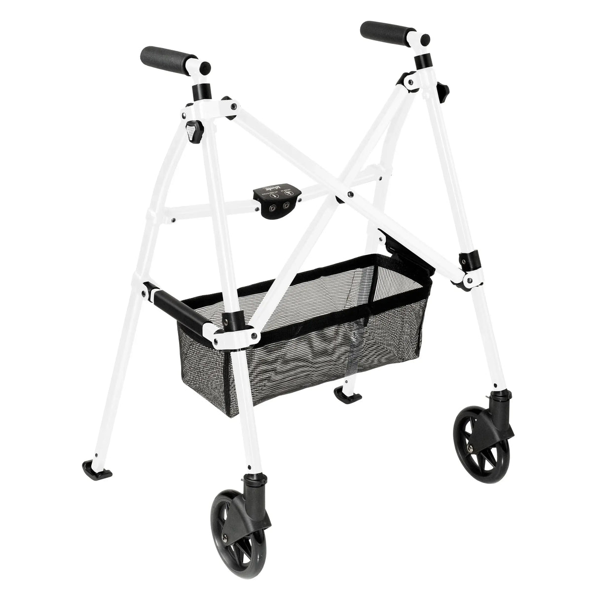 Wonder Walker Lite rolling walker with white folding frame, black foam handles, front wheels, rear glides, and mesh storage