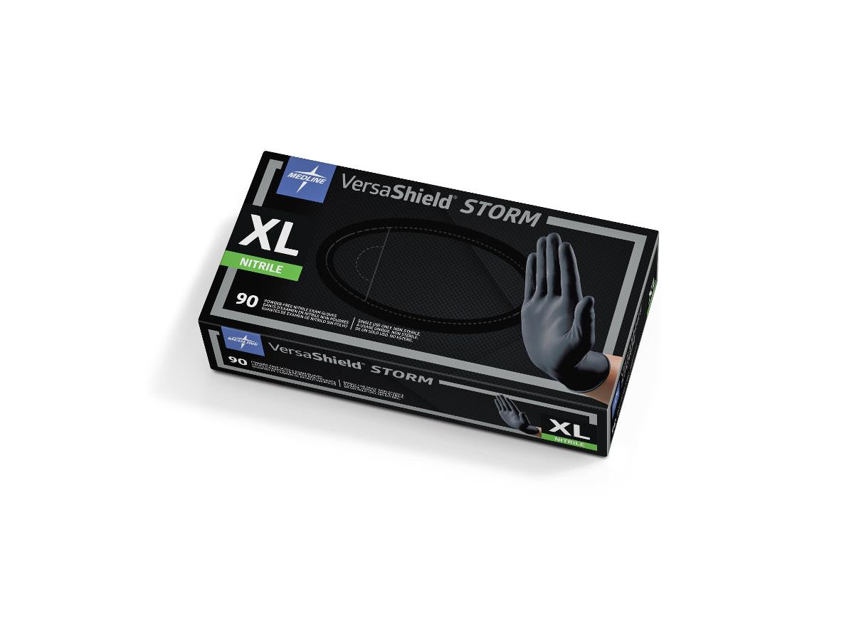 Nitrile exam gloves box labeled VersaShield Storm, size XL, 90 count, black packaging with glove graphic