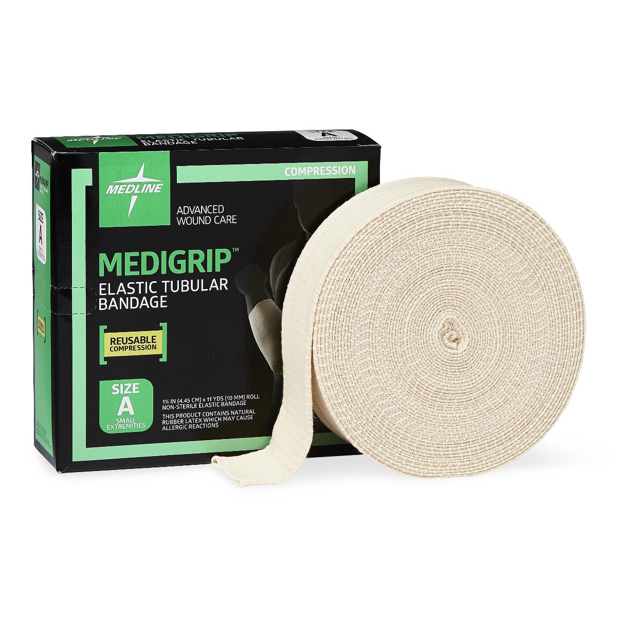 Elastic tubular bandage roll in cream fabric beside its black and green Medline Medigrip product box, Size A