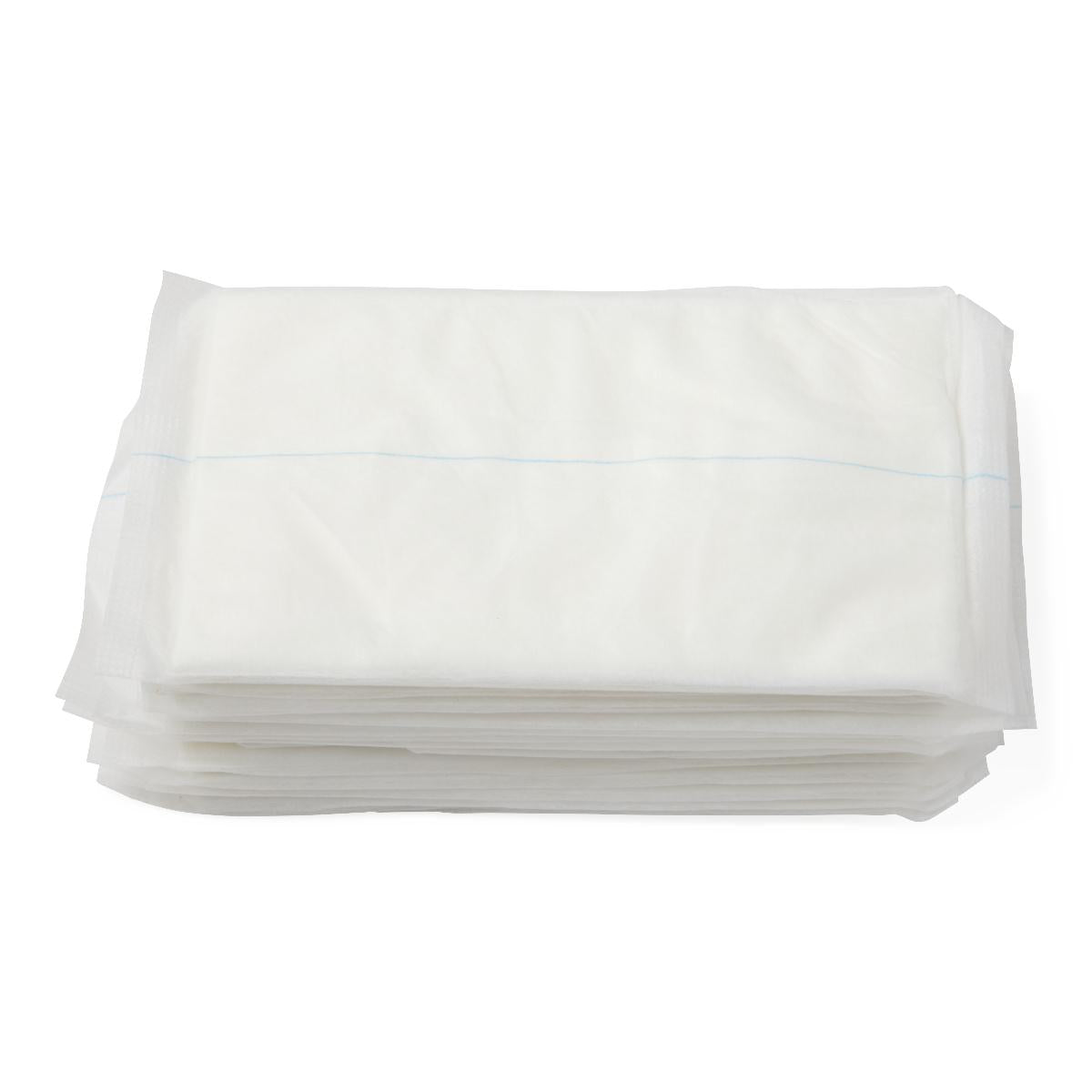 Abdominal pads stacked in a neat pile, white with a blue stitched center line, nonsterile