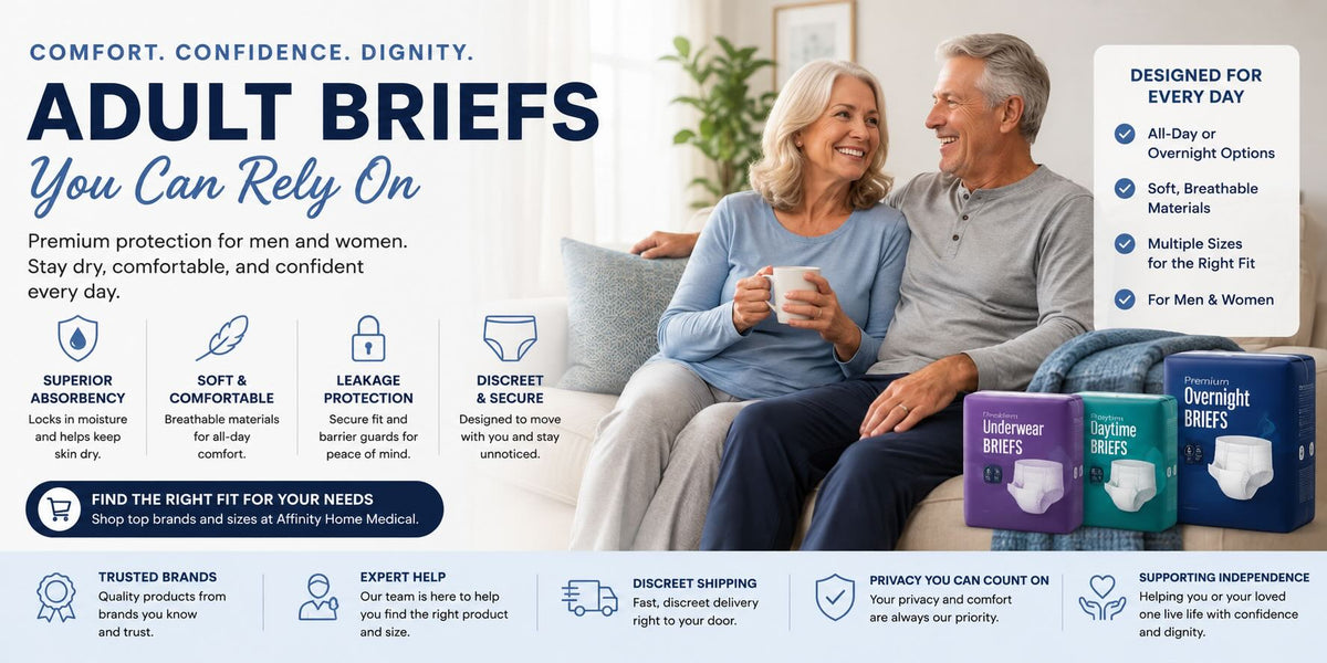 An advertisement for adult briefs featuring a smiling couple in a living room setting, with product boxes shown in the foreground and text highlighting features such as 'Adult Briefs You Can Rely On' and 'Designed for Every Day.'.