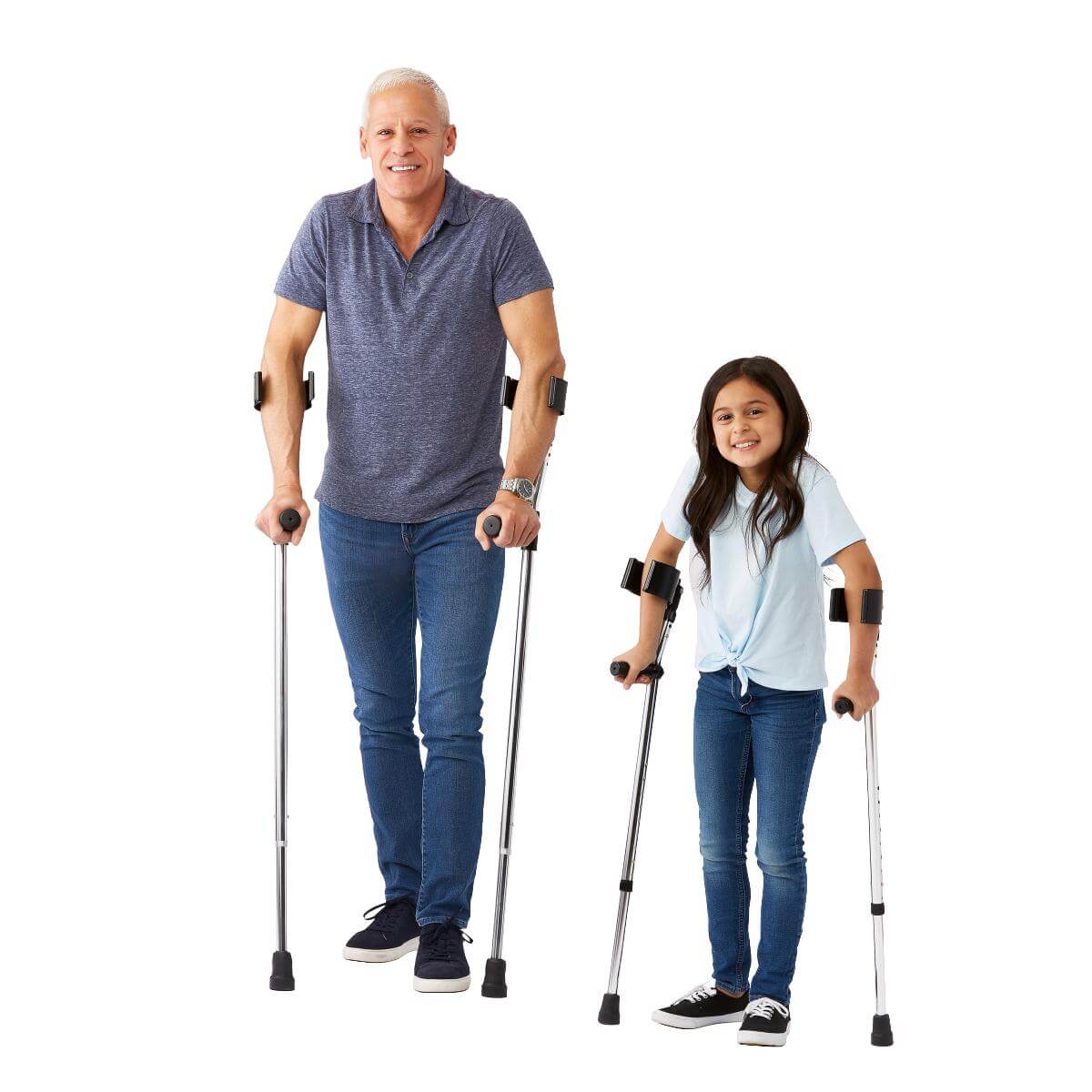 Forearm crutches shown in adult and child sizes, modeled by a smiling man and young girl standing on white background