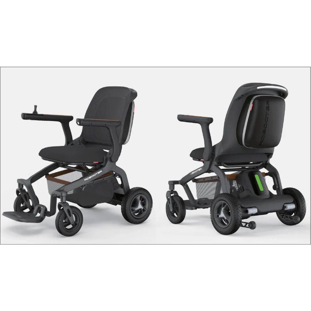 Power wheelchair shown from front and rear angles, featuring black upholstered seating, joystick control, folding frame, and