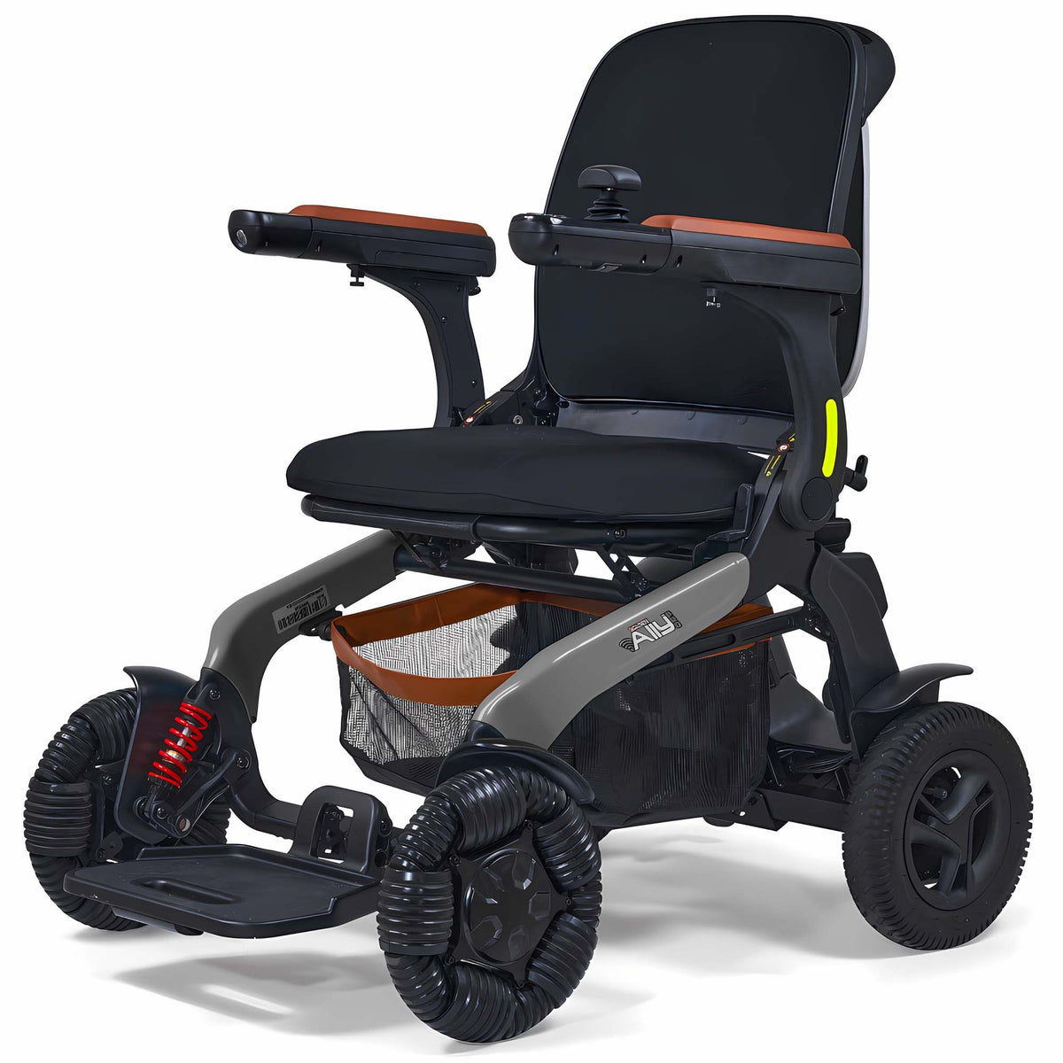 Power wheelchair with black upholstery, brown armrests, gray frame, red rear shock absorbers, large all-terrain wheels, and