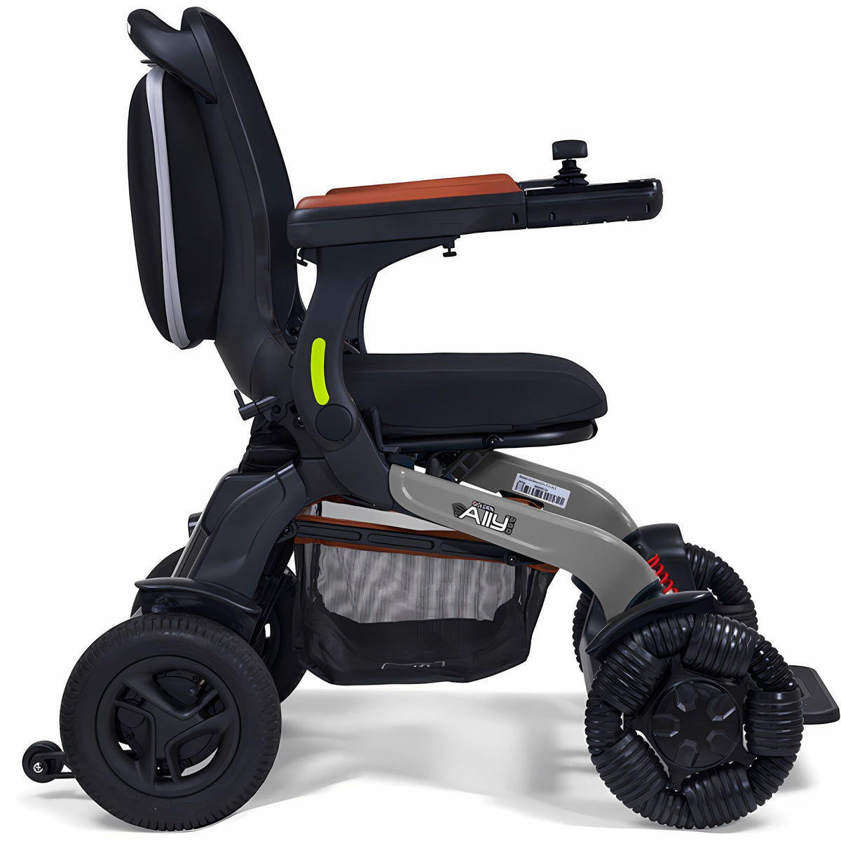 Power wheelchair with black padded seat and backrest, joystick controller, gray frame, and large rear wheels, shown from the