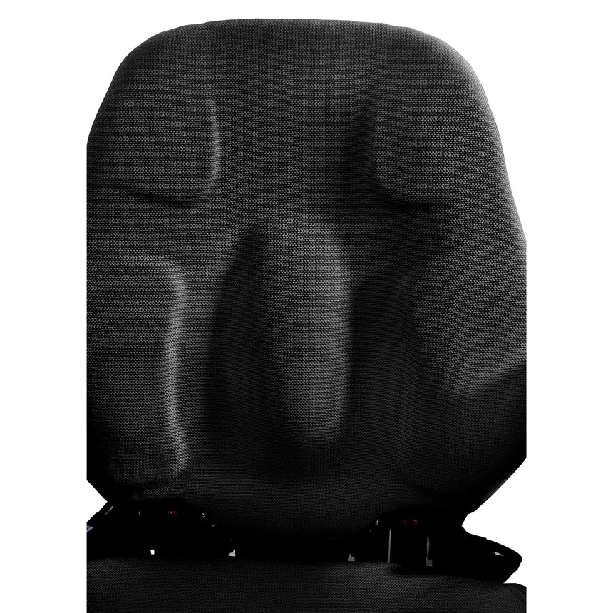 Power wheelchair contoured black fabric back rest with lumbar and lateral support cushioning, shown close up