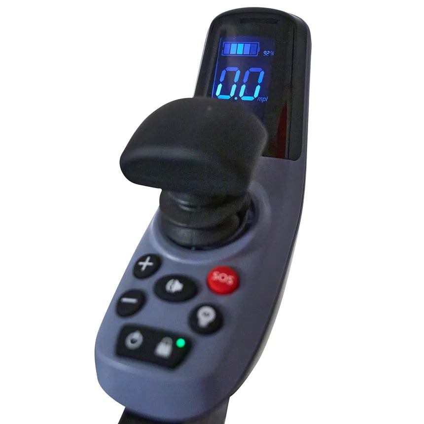 Power wheelchair joystick controller with blue LCD display showing speed and battery level, plus SOS and function buttons