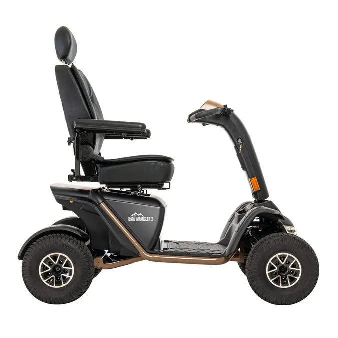 Four-wheel power mobility scooter in black and bronze with high-back captain's seat, large all-terrain tires, and tiller