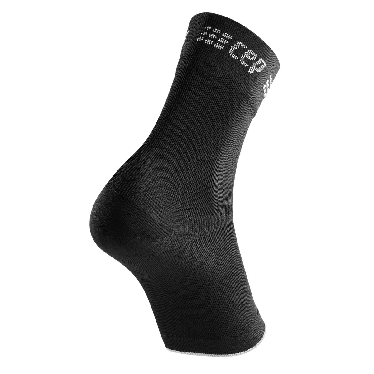 Compression ankle sleeve in black with white CEP logo lettering at the top, shown from a rear angle on a foot form