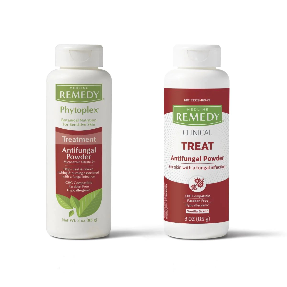 Remedy Antifungal Powder bottles, Phytoplex and Clinical formulas, white and red labels, 3 oz squeeze bottles on white