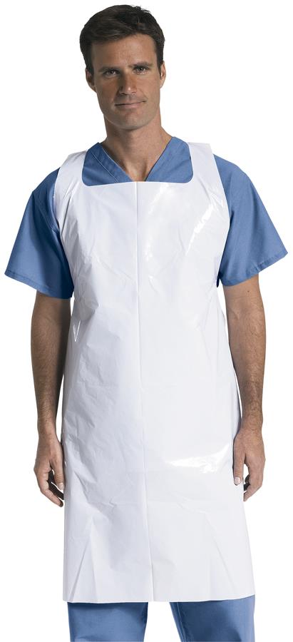 Disposable white plastic pullover-style apron worn by a man in blue scrubs, shown from waist up on white background