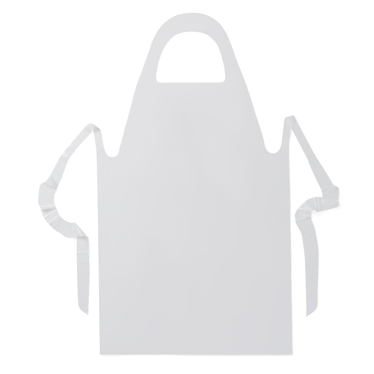 Disposable pullover-style apron in white with neck loop and waist ties, shown flat on white background
