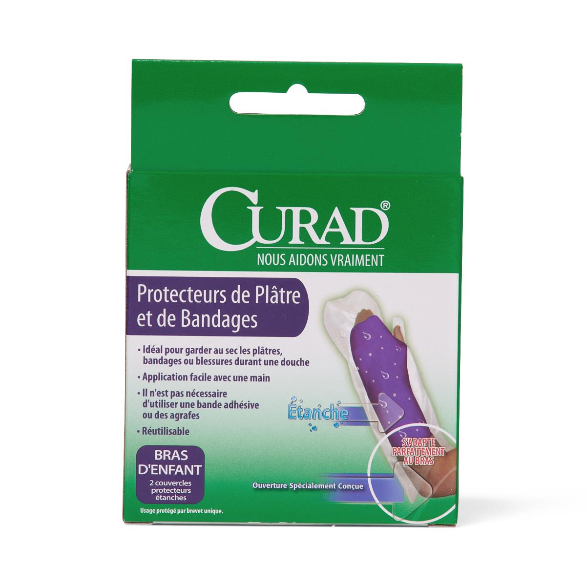Curad child cast and bandage protector box in green packaging with French text and arm sleeve product illustration