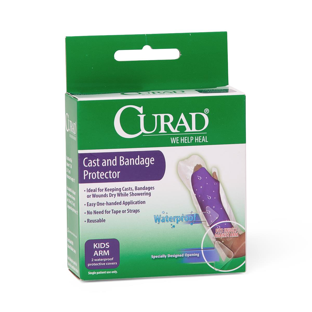 Cast and bandage protector in green Curad retail box, kids arm size, showing waterproof sleeve over a child's forearm cast