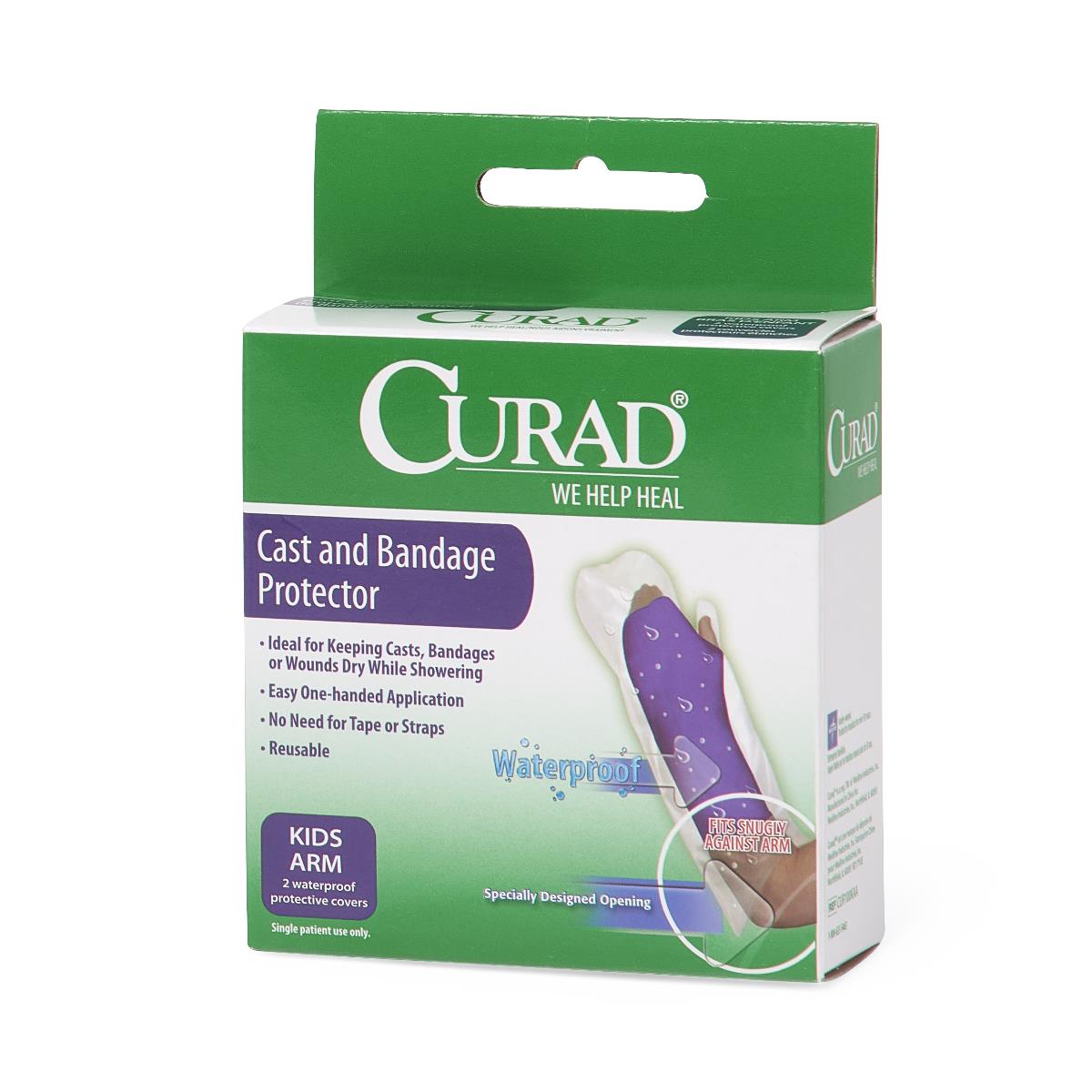 Cast and bandage protector in green and white retail box, kids arm size, showing purple waterproof sleeve on child's arm
