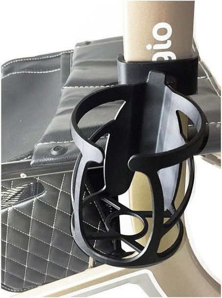 Rollator cup holder attachment in black plastic, clipped onto a champagne-colored frame tube