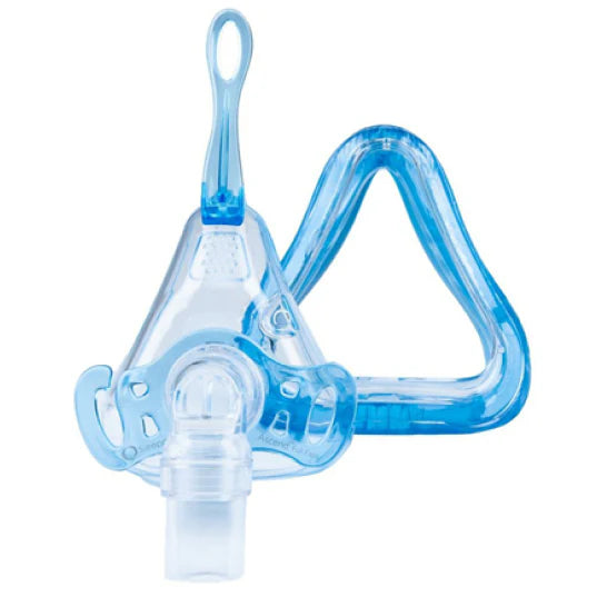 CPAP full face gel mask with clear triangular cushion, blue frame, headgear clips, and center air port connector