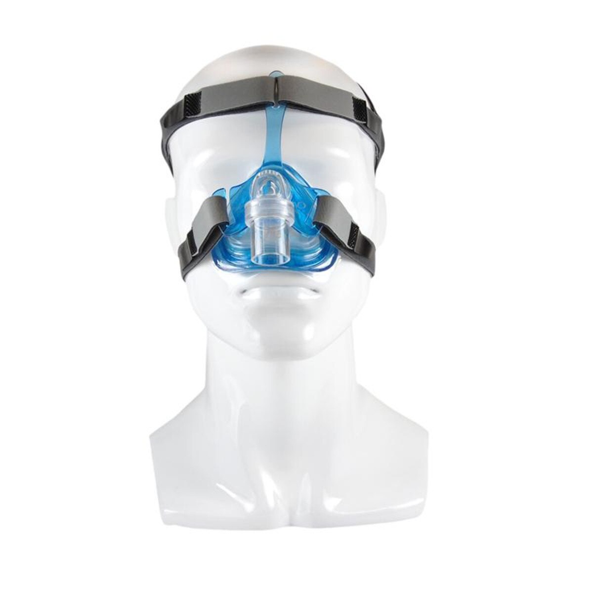 Nasal CPAP mask with blue cushion and clear elbow connector fitted on a white mannequin head with gray EZFit headgear straps