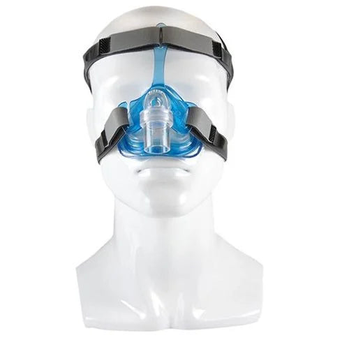 Ascend CPAP nasal mask with blue gel cushion and gray EZFit headgear shown on white mannequin head, front view